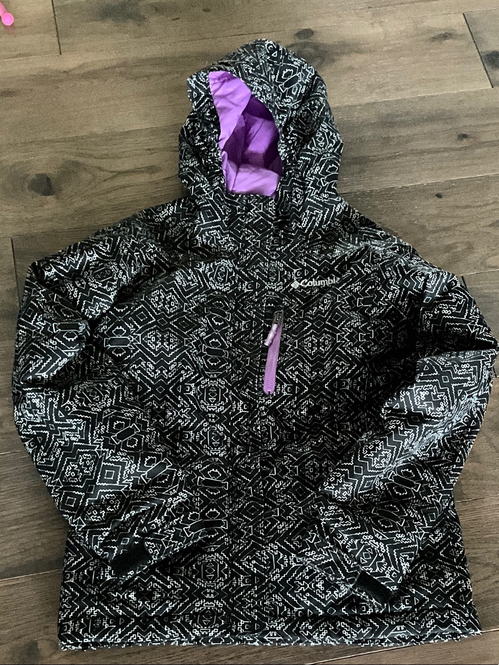 Columbia Black & White Geometric Hooded Jacket with Purple Accents